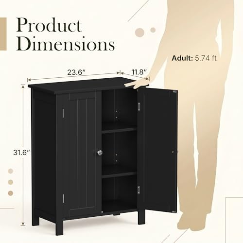 ZENY Bathroom Floor Storage Cabinet with Double Door + Adjustable Shelf, Wooden Organizer Cabinet for Living Room, Bathroom, Bedroom, Modern Home Furniture (Black)
