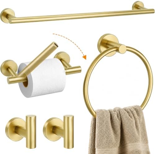 5 Piece Brushed Gold Bathroom Hardware Accessories Set, 24" Towel Bar Set