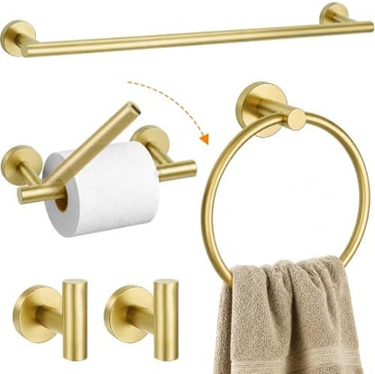 5 Piece Brushed Gold Bathroom Hardware Accessories Set, 24" Towel Bar Set