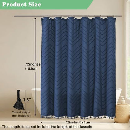 OWENIE Boho Shower Curtain, Dusty Blue Fabric Cloth Shower Curtains Farmhouse Tufted Chevron Striped Textured with Tassel for Bathroom, Soft Hotel Style Modern Minimalist, Machine Washable, 72x72