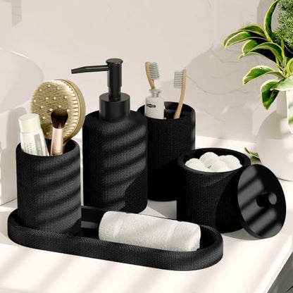 Clara Clark Bathroom Set - Black Bathroom Accessories Set, 5PC Bathroom Accessory Set, Bathroom Sets with Soap Dispenser, Toothbrush Holder, Tumbler, Cotton Swab Jar & Vanity Tray