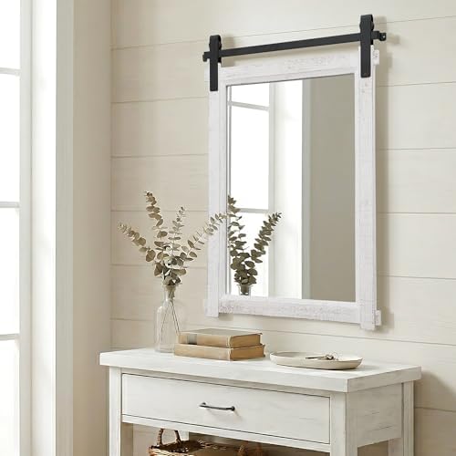 Besdomus Farmhouse Bathroom Vanity Mirror: 24"x36" White Rustic Barn Door