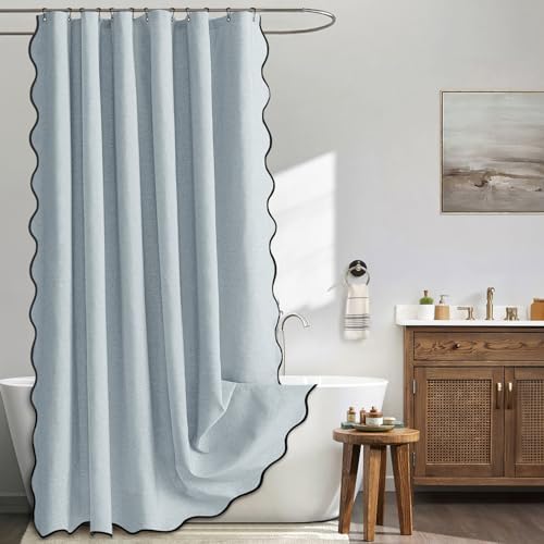 MIULEE 72"x84" Extra Long Scalloped Linen Shower Curtain Light Blue