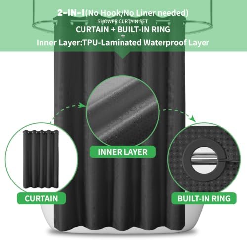 No Hook Waffle Shower Curtain, No Liner Needed Separate, 71x77 Inch, Black