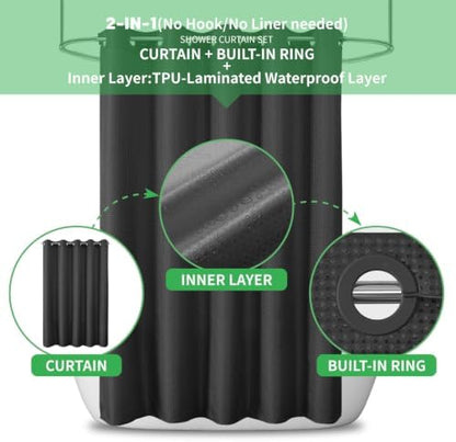 No Hook Waffle Shower Curtain, No Liner Needed Separate, 71x77 Inch, Black