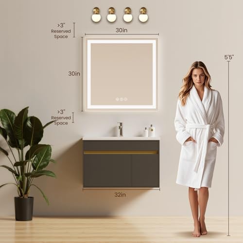 30"x30" LED Bathroom Mirror with Anti-Fog, Backlit & Front Lights, Memory