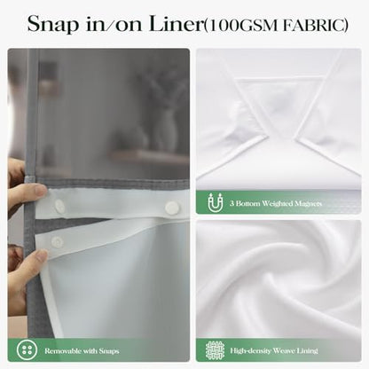 Dynamene Grey Hook Free Waffle Shower Curtain & Snap-in Fabric Liner,72x75