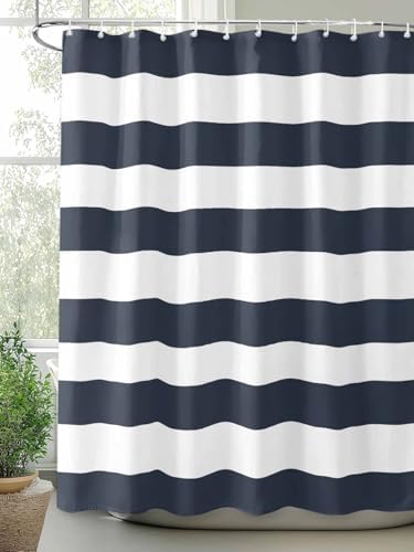 Shower Curtain Bathroom Set Navy Blue and White Stripe Waterproof Shower Curtains with Grommets Hooks Classic Texture Privacy Bath Curtain for Bathtub Decor 48x72in