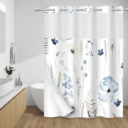 WITHLOC No Hook Floral Shower Curtain with Liner, Navy Blue, 71x74