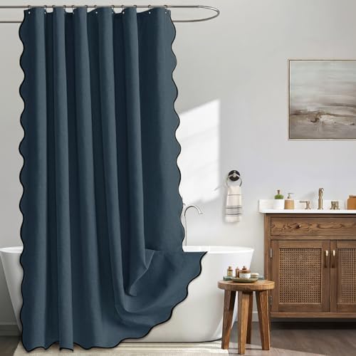 MIULEE 72"x84" Extra Long Scalloped Linen Shower Curtain Navy Blue