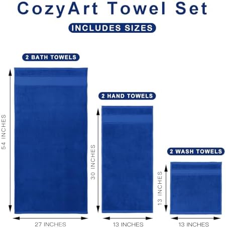 COZYART Bath Towel Set 6 PCS, Royal Blue Luxury 100% Turkish Cotton 650GSM
