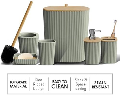 Clara Clark Bathroom Set - Sage Green Bathroom Accessories Set, 6PC Bathroom Accessory Set, Bathroom Sets with Bathroom Rugs, Toilet Brush, Trash Can & Soap Dispenser