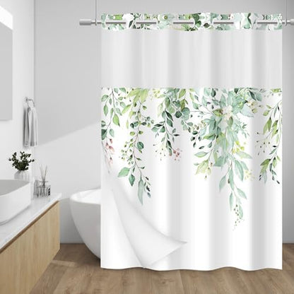 WITHLOC No Hook Shower Curtain with Liner, Eucalyptus Sage Green, 71x80