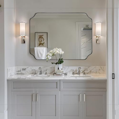 ANDY STAR 36x48 Inch Chrome Mirror, Large Polished Nickel Rectangle Mirror, Scalloped Bathroom Mirror in Anti-Rust Stainless Steel Frame Deep 1’’, Rounded Notched Corner, Vertically/Horizontally