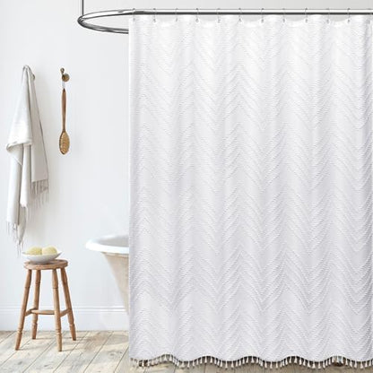 Dynamene Extra Long Boho Shower Curtain Tufted Chevron 72"x96" White