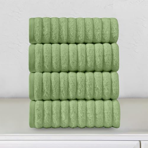 Elegant Comfort Luxury 100% Turkish Cotton Corduroy Ribbed 4 Pack Hand Towel Set 16 x 28 Inch - Absorbent, Super Soft, Quick Dry, Premium Towels for Bathroom, Gym, Spa and Hotel Use, Sage