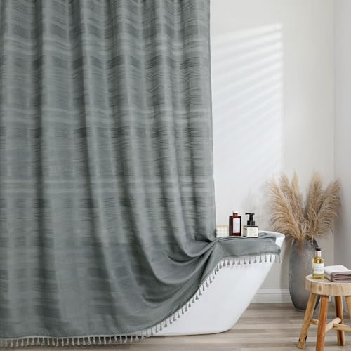 OVZME Light Grey Shower Curtain for Bathroom, Boho Linen Textured Shower Curtain with Tassel, Rustic Striped Heavy Duty Vintage Country Bathroom Curtain, 72Wx72L Inches