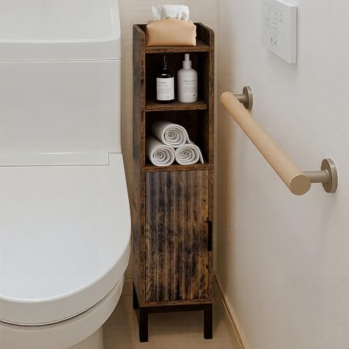 FerniTry Small Bathroom Storage Cabinet, Corner Floor Narrow Toilet Paper Cabinet with Door and Shelves,Bathroom Organizer with Adjustable Shelf, for Small Spaces (Rustic Brown)