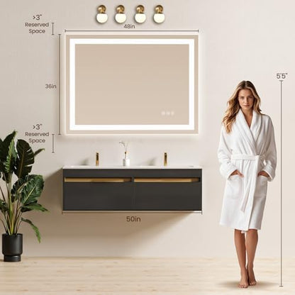 LED Bathroom Mirror with Anti-Fog, Backlit & Front Lights, Memory 48" L x 36" W