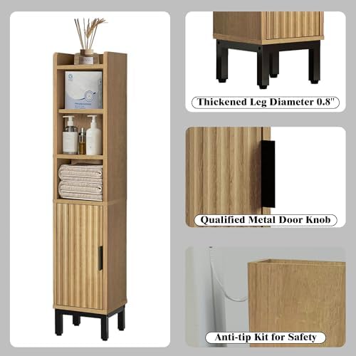 FerniTry Narrow Bathroom Storage Cabinet, Corner Toilet Paper Floor Cabinet 5 Tiers with Door and Shelves,Bathroom Organizer with Adjustable Shelf, for Small Spaces (Oak)