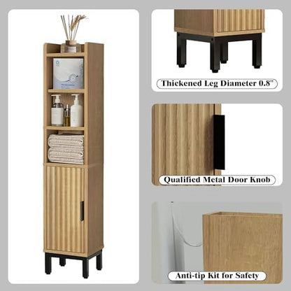 FerniTry Narrow Bathroom Storage Cabinet, Corner Toilet Paper Floor Cabinet 5 Tiers with Door and Shelves,Bathroom Organizer with Adjustable Shelf, for Small Spaces (Oak)