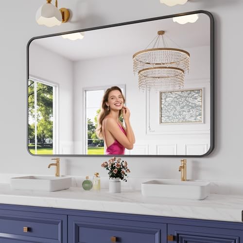 Koonmi Bathroom Mirror, 36X55 Brushed Black Rectangle Wall Mirror, HD Tempered Glass, Anti-Rust Frame Vanity Mirror, Rounded Rectangle Mirror for Restroom, Bedroom, Hangs Horizontal or Vertical