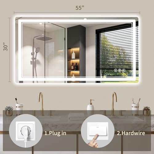 30"x55" LED Bathroom Mirror with Lights, Backlit + Front Lit, Anti-Fog, Lighted Bathroom Mirror for Wall, HD Shatterproof Tempered Glass, Dimmable, Memory Function (Horizontal/Vertical)