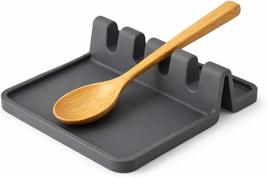 Silicone Spoon Rest for Stove – Heat Resistant, Non-Slip, Dishwasher Safe Utensil Holder with Drip Pad (Dark Gray)
