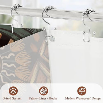 3 in 1 Dark Floral Shower Curtain Set with PEVA Liner & 12 Hooks, 72 x 84