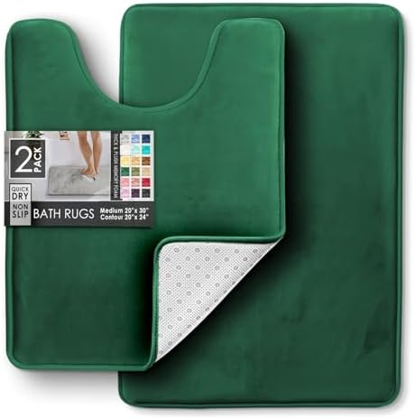 Clara Clark 2 Piece Bathroom Rugs, Velvet Memory Foam Bath Mat Set, Non-Slip Bath Rugs, Machine Wash, Dries Quickly, Ultra Soft Plush Bath Mats for Bathroom, 17 x 24 + Contour, Hunter Green