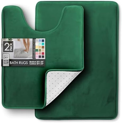 Clara Clark 2 Piece Bathroom Rugs, Velvet Memory Foam Bath Mat Set, Non-Slip Bath Rugs, Machine Wash, Dries Quickly, Ultra Soft Plush Bath Mats for Bathroom, 17 x 24 + Contour, Hunter Green