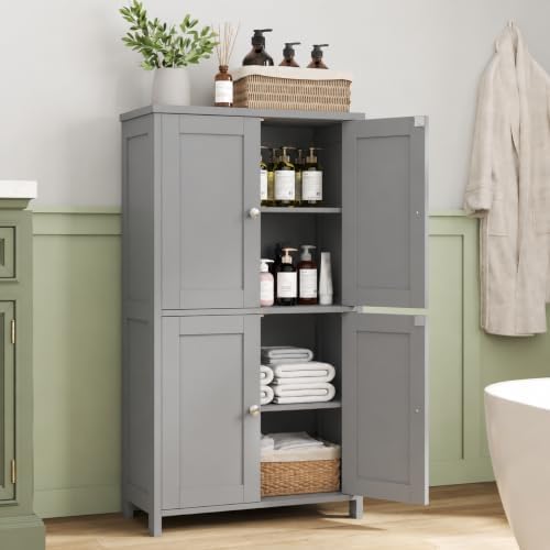 Nuturelly Bathroom Floor Storage Cabinet, 4 Doors, Anti-Tip, Grey