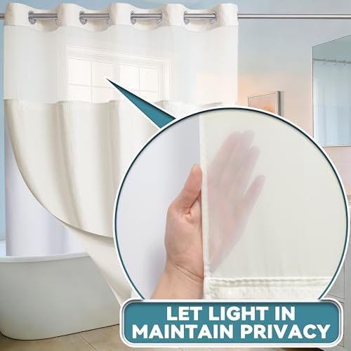 Extra Wide No Hook Waffle Weave Shower Curtain with Snap in Liner Set, 108" x 74" Hotel Luxury Beige Shower Curtains for Bathroom with See Through Top Window, Waterproof, Washable 108W x 74H