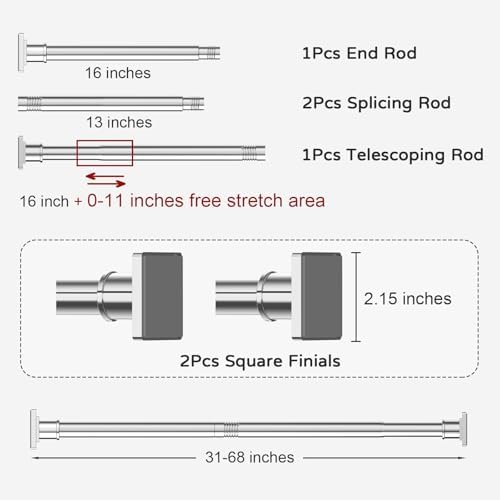 UIOSANRT Stainless Silver Shower Curtain Rod 31-68 Inches Non-Slip Shower Rod Tension Mounted No Drill Shower Curtain Rods Spring Tension Rod Adjustable Tension Curtain Rod for Windows Bathroom