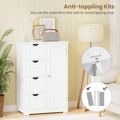Giantex Storage Cabinet with 4 Drawers, Bathroom Storage Organizer with Cupboard, Adjustable Shelf, Anti-Toppling Device, Floor Cabinet, Entryway Storage Unit Console Table, White