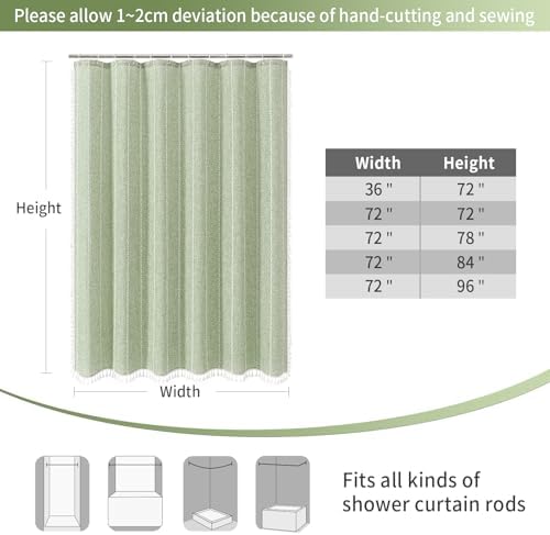 Boho Farmhouse Tassel Linen Shower Curtain,3D Embroidery Stripe Sage,72x96