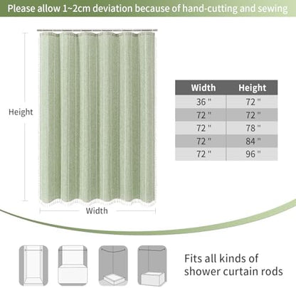 Boho Farmhouse Tassel Linen Shower Curtain,3D Embroidery Stripe Sage,72x96