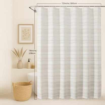 OVZME Linen Shower Curtain 78 Inch Long, Boho Farmhouse Thick Striped Fabric Hotel Shower Curtain with Tassel, Minimalist Textured Weighted Machine Washable Bathroom Decor, 72Wx78L Inches