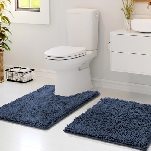Hearth & Harbor Bathroom Rugs, Chenille Bath Mat - Machine Washable Bath Mats for Bathroom Non-Slip Backing Rubber, Quick Dry Mat - 17x24-20x24 - Blue