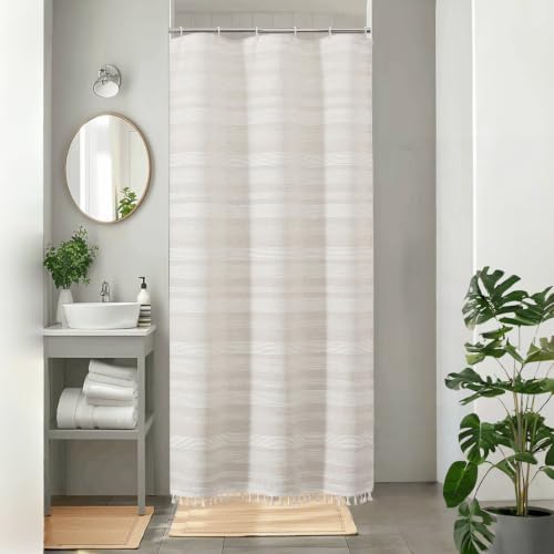 OVZME Linen Boho Stall Shower Curtain, Narrow Soft Fabric Striped Textured Bathroom Shower Curtain with Tassel, Modern Farmhouse Machine Washable Bath Decor, Linen, 36Wx72L Inches