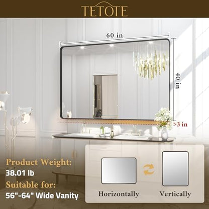TETOTE 60 x 40 Inch Black Frame Mirror, Bathroom Vanity Mirror for Wall, Modern Rectangle Round Corner Matte Framed Mirror (Horizontal/Vertical)