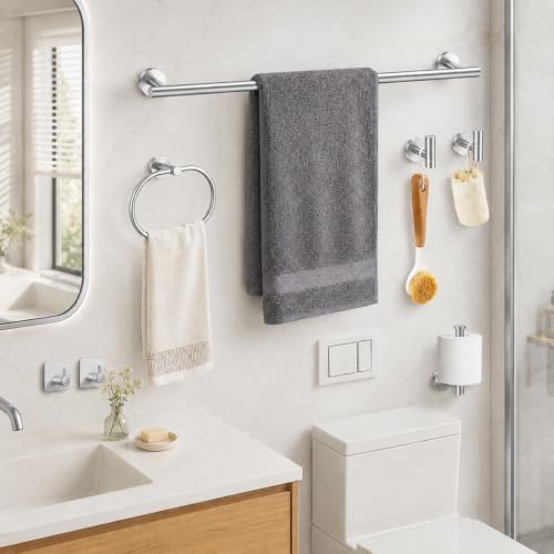 Silver Bathroom Accessories Set, 7 Pieces Silver Towel Bar Bathroom Hardware Set, 24 Inch Towel Racks for Bathroom, SUS304 Stainless Steel Bathroom Towel Holder Toilet Paper Holder Wall Mounted