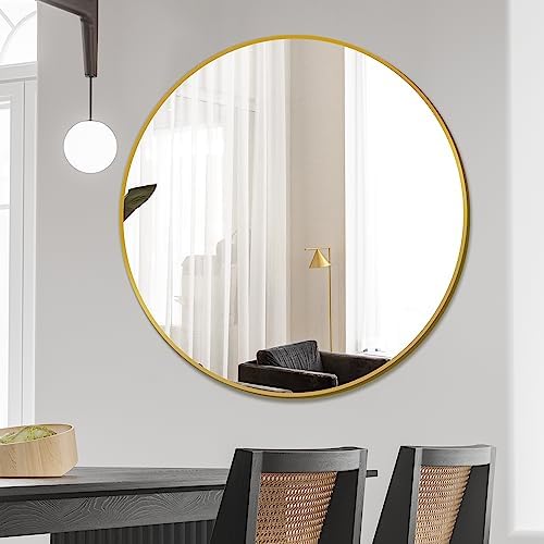 Delma 30 Inch Gold Round Circle Mirror for Bathroom Wall, Metal Frame