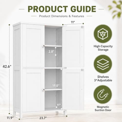 Nuturelly Bathroom Floor Storage Cabinet, 4 Doors, Anti-Tip, White