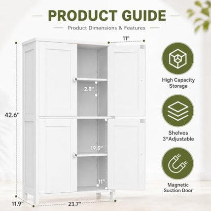 Nuturelly Bathroom Floor Storage Cabinet, 4 Doors, Anti-Tip, White