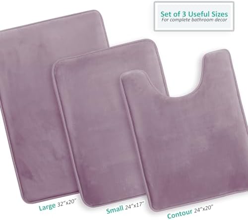 Clara Clark 3 Piece Bathroom Rugs, Velvet Memory Foam Bath Mat Set, Non-Slip Bath Rugs, Machine Wash, Dries Quickly, Ultra Soft Plush Bath Mats for Bathroom, 17 x 24/20 x 32 / Contour, Dusty Purple