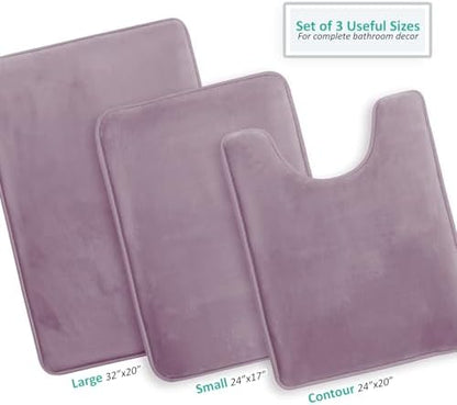 Clara Clark 3 Piece Bathroom Rugs, Velvet Memory Foam Bath Mat Set, Non-Slip Bath Rugs, Machine Wash, Dries Quickly, Ultra Soft Plush Bath Mats for Bathroom, 17 x 24/20 x 32 / Contour, Dusty Purple