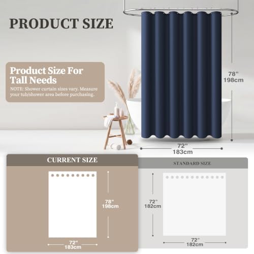 BTTN 72x78 Linen Textured Waterproof Fabric Shower Curtain Set, Navy Blue