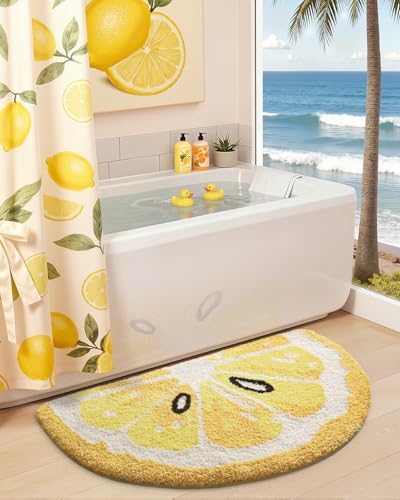 DEXI Cute Lemon Bath Mat, Half Round Fruit Bathroom Rugs 43x24