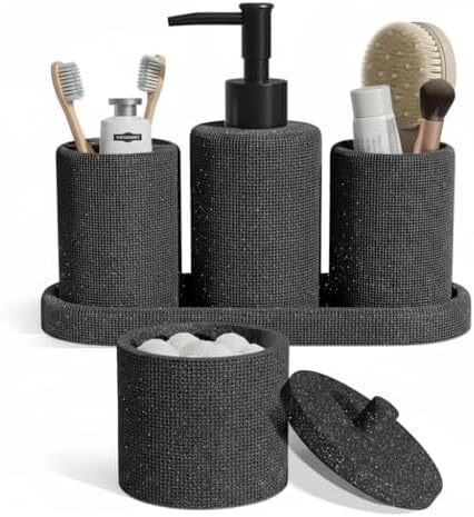 Clara Clark Bathroom Set - Coal Black Bathroom Accessories Set, 5PC Bathroom Accessory Set, Bathroom Sets with Soap Dispenser, Toothbrush Holder, Tumbler, Cotton Swab Jar & Vanity Tray